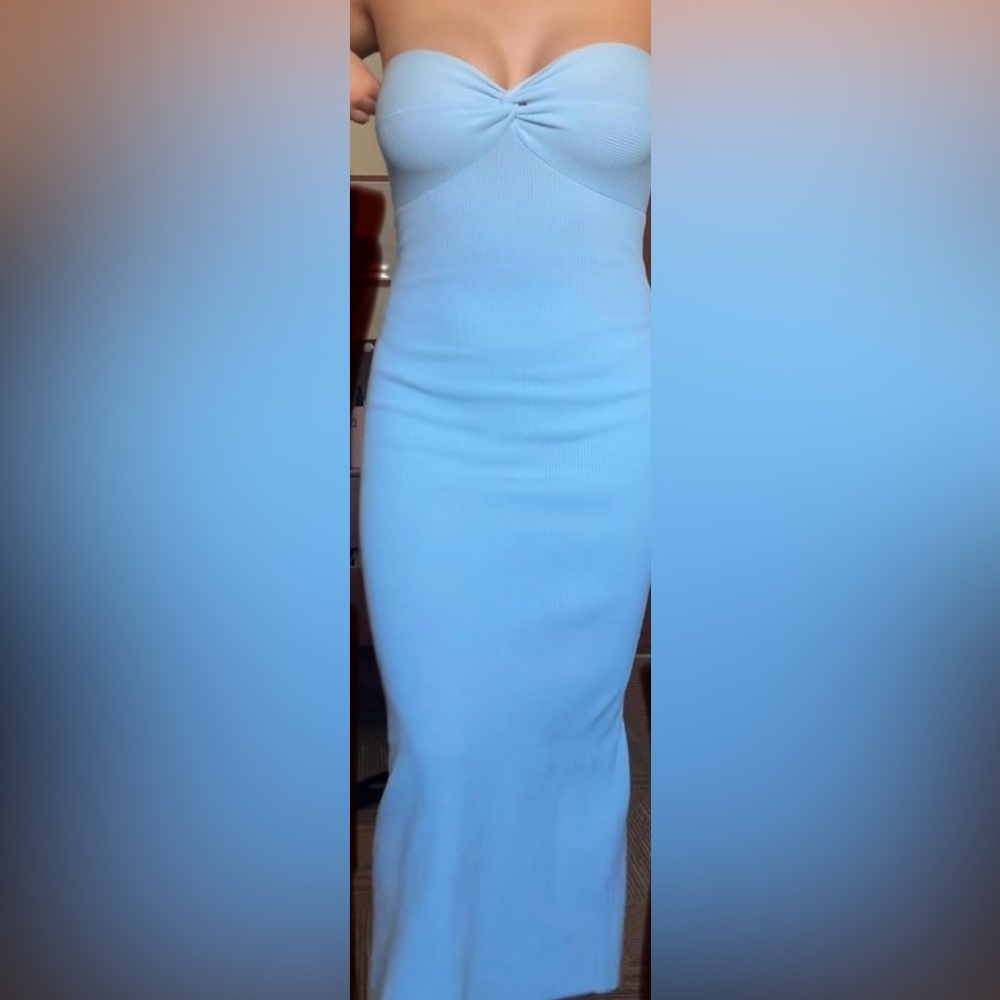 Strapless Light Blue Midi Dress
